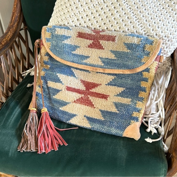 Handbags - Bohemian Blue and Red Patterned Women's Bag tassle leather  tribal boho